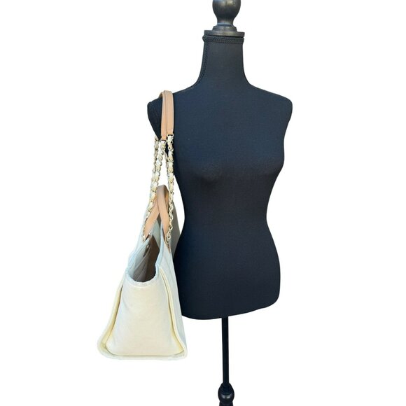Chanel Beige Canvas & Leather Chain Tote Bag With Dual Handles & Logo Embroidery - Picture 8 of 16
